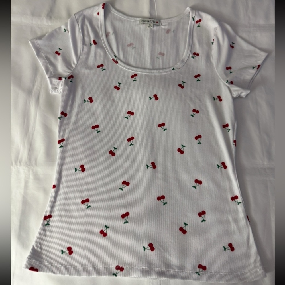 Orange Kiss Cherry Patterned Short Sleeve Scoop Neck Ribbed Shirt - White & Red